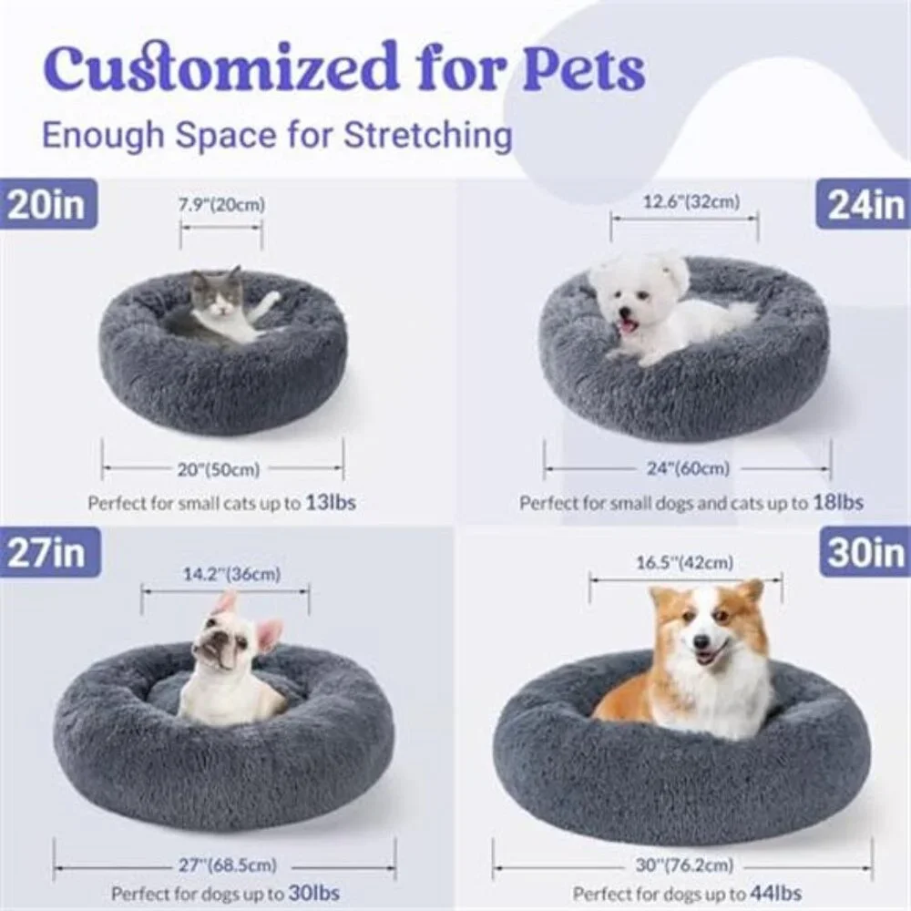 Round Cat Bed Plush Donut Self Warming Small Dog Kitten Cushion Soft Indoor Pet